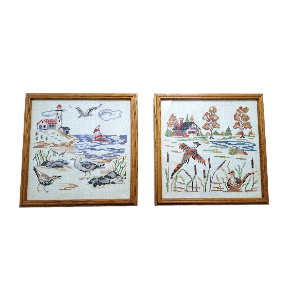 Framed Country Seashore Cross Stitch Set Lighthouse Seagull Beach Farm Marsh